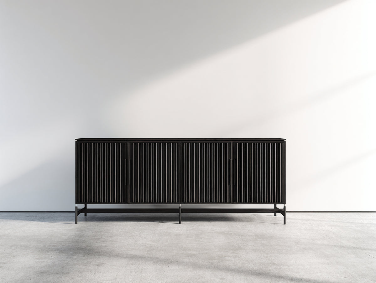 Meuble d'entrée - panneaux de bois-métal - 160x40x80 cm - Noir - style moderne cannelé