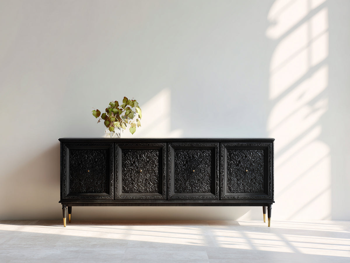 Meuble d'entrée - bois-métal - 180x45x85 cm - Noir-Or - style classique sculpté