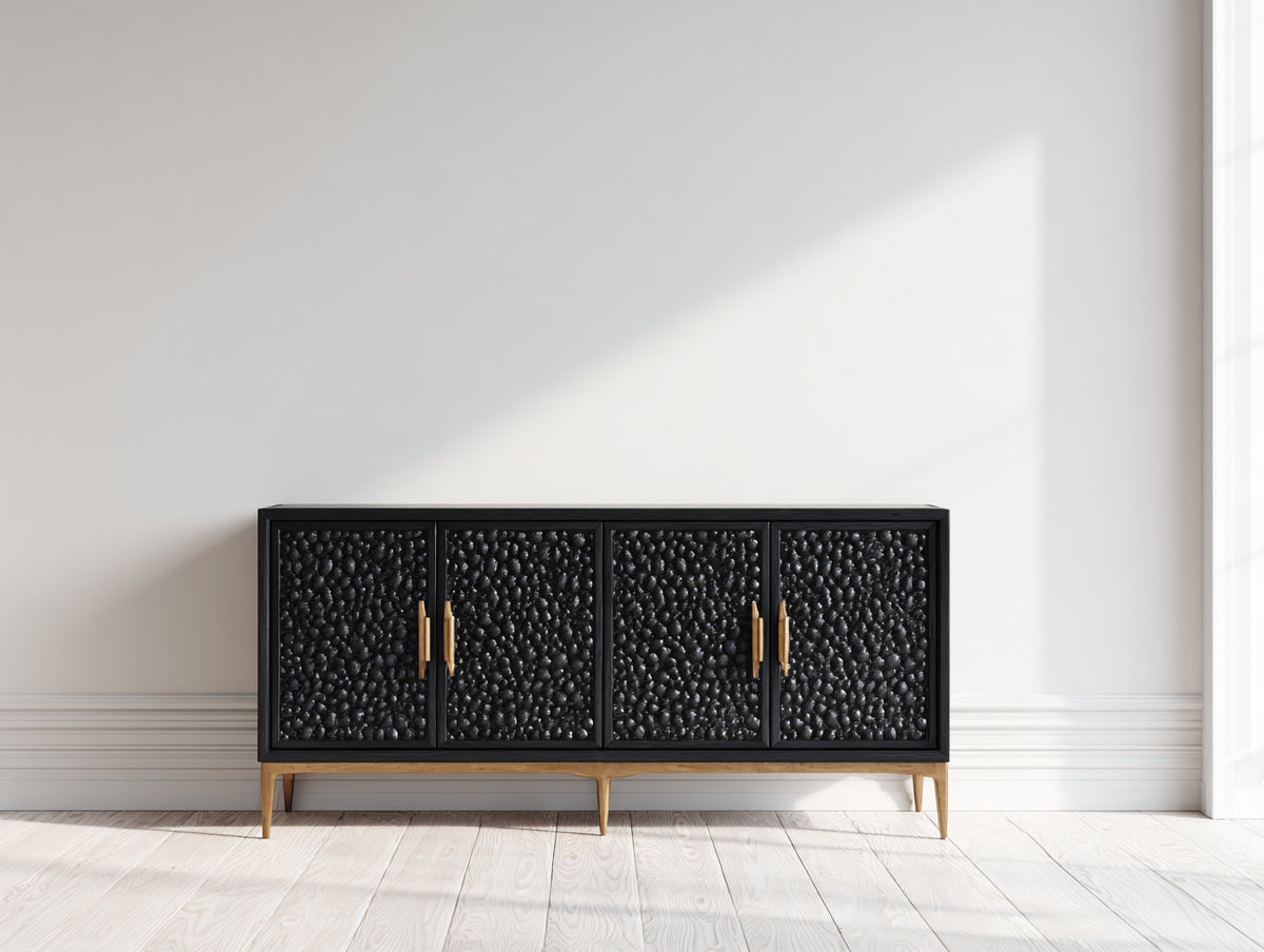 Meuble d'entrée - panneaux de bois-métal - 160x40x80 cm - Noir-Or - style contemporain texturé